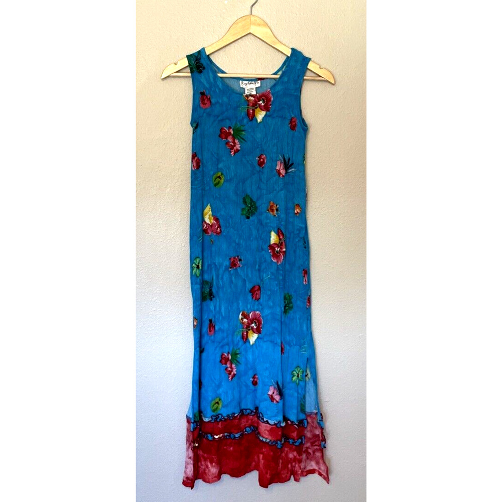 Key Lime Pie Midi Dress Size M Blue Crinkled Rayon Sleeveless Colorful Dress